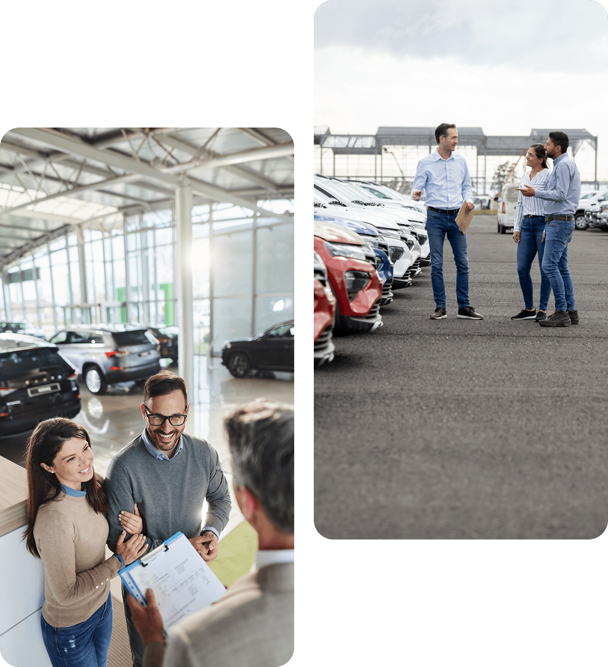Three people talking at car dealership lot